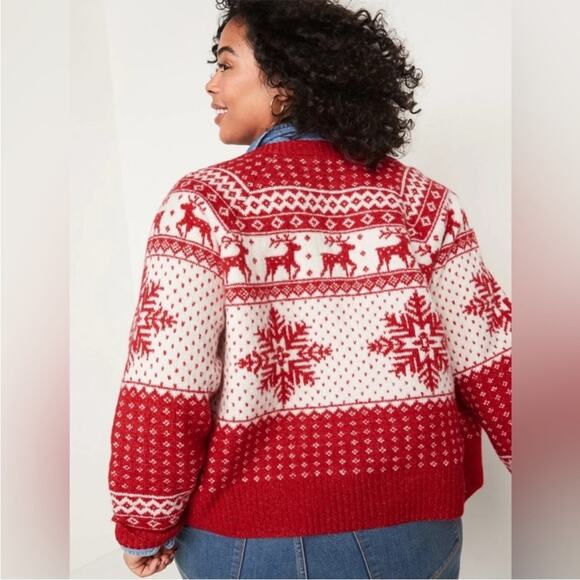 Old Navy Fair Isle Reindeer Snowflake Knit Christmas Cardigan Sweater Size M - Picture 2 of 10
